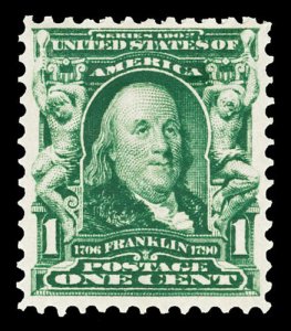 Scott 300 1903 1c Blue Green Franklin Regular Issue Mint VF OG HR Cat $12 