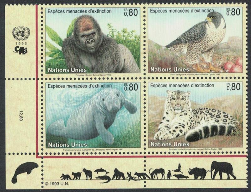 UN Geneva Birds Gorilla Falcon Manatee Snow Leopard 4v Block of 4 with margins