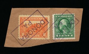 GENUINE SCOTT #400A & 405 POSTALLY USED ON PIECE DONORA PA PARCEL POST CANCELS