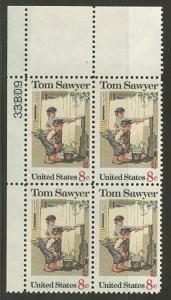US #1470var 8¢ Tom Sawyer, PB of 4 with offset of engraved plate  double letters