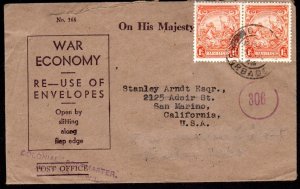 BARBADOS UK 1946 WAR ECONOMY OHMS COVER TO U.S.