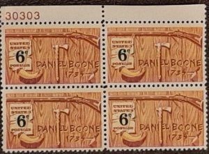 US Scott # 1357; used 6c Daniel Boone, plate block of 4 from 1968; VF; off paper