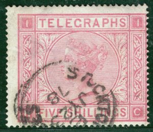 GB QV TELEGRAPHS High Value 5s Rose Plate 1 (HC) 1878 CDS Used Cat £200 WHITE13