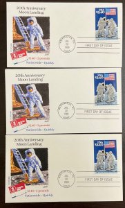 2419 USPS cachet 3 Priority Mail $2.40 Moon Landing Anniversary FDCs 1989