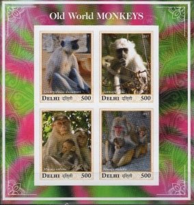 INDIA, DELHI - 2017 - Old World Monkeys - Imperf 4v Sheet - Mint Never Hinged