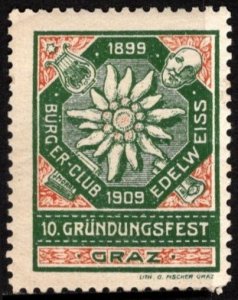 1909 Germany Poster Stamp 10th Founding Celebration Graz Citizens Club Edelweiss