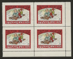 Iceland 1928 Children in Sleigh Xmas Seal BLOCK #18 VF-NH-