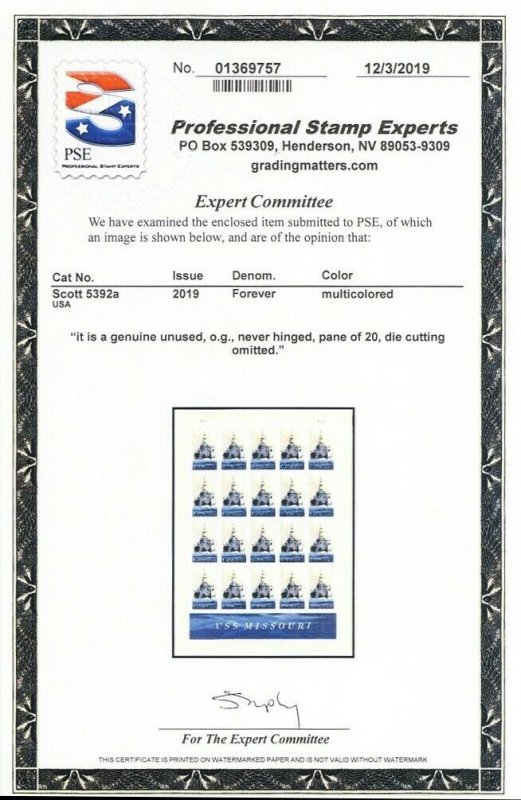 5392a, USS Missouri RARE Imperforate Pair Major Error With PSE - Stuart Katz