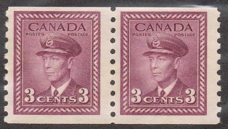 Canada #280 3c Rose-Violet 1948-1950 - Perf 9.5 Coil Pair - F-70 NH