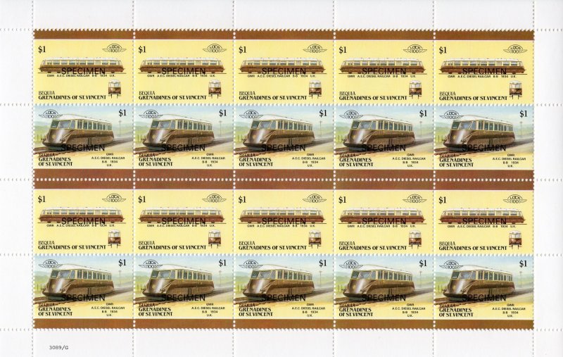 Bequia 1987 Locomotives #5 (8 Pairs) 8 Mini-Sheetlets SPECIMEN UNFOLDED MNH