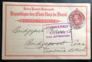 1919 Sao Pablo Brazil Stationery Postcard Commercial Cover To Bridgeport CT USA