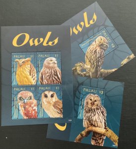 PALAU 2014.  Owls. 3 block sheets (2 HB 1v + 1 HB 4v). Sc #1229/31. NHM-