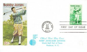 Andrews Cachet World Golf Hall of Fame 1st Day Cover #1933 Bobby Jones Golf 1981