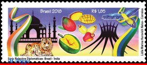 3379 BRAZIL 2018 DIPLOMATIC REL. INDIA, ARCHITECTURE, TIGER, BIRDS, FRUITS, MNH