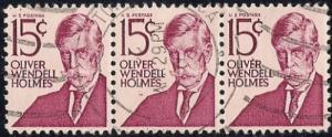 1288 15 cent O.W. Holmes strip of 3 XF used