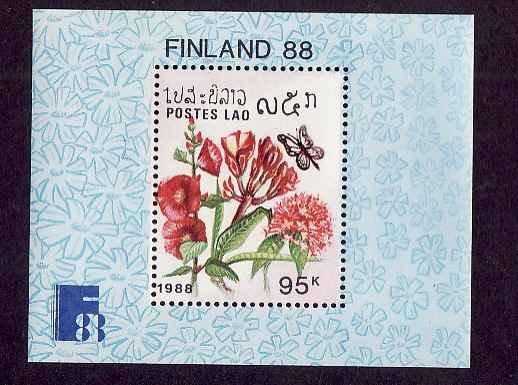 Laos-Sc#876-unused NH sheet-Flowers-Finlandia '88-