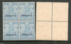 India CHAMBA State 3As KG V Postage Stamp SG 70 / Sc 54 BLK/4 MNH