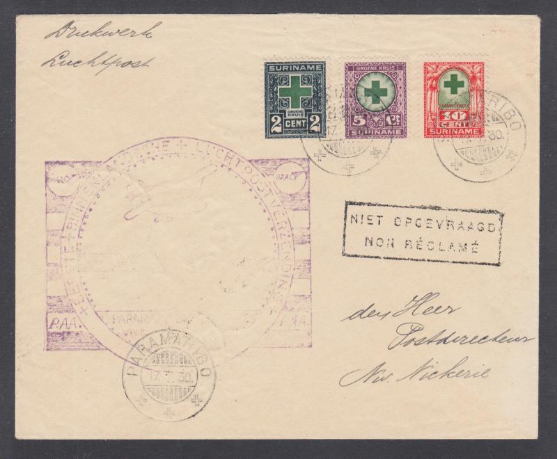 Suriname Sc B1-B3 on 1930 FIRST FLIGHT cover PARAMARIBO, large purple cachet