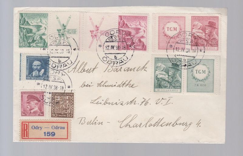 1938 Odry Odrau Czechoslovakia registered Cover to Germany # 241-242 label