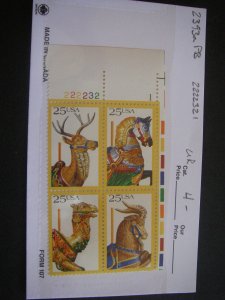 Scott 2390 - 2393 or 2393a, 25c Carousel Animals, PB4 #222232 1 UR, MNH Beauty