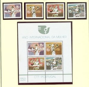 PORTUGAL 1975 WOMAN'S YEAR  #1273-76+#1276a SET & SOUV. SHEE...