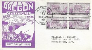 1936 FDC, #783, 3c Oregon Territory 100th, WSE/Dyer, block of 4 - Astoria