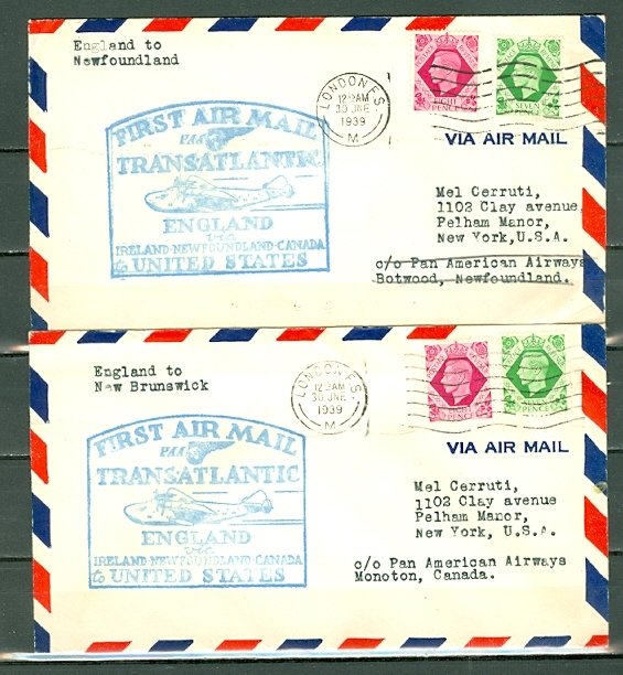 GREAT BRITAIN 1939 LOT of  (2) FIRST FLIGHT COVERS TO USA VIA CANADA...#242-243