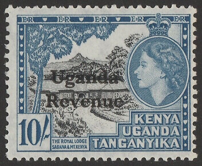 UGANDA 1954 'Uganda Revenue' on QEII Pic 10/- black & blue. MNH **. Rare mint. 