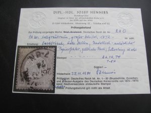Germany 1872 USED CERTIFICATE MI. 28 SC 26 FINE 2800 EUROS (201)