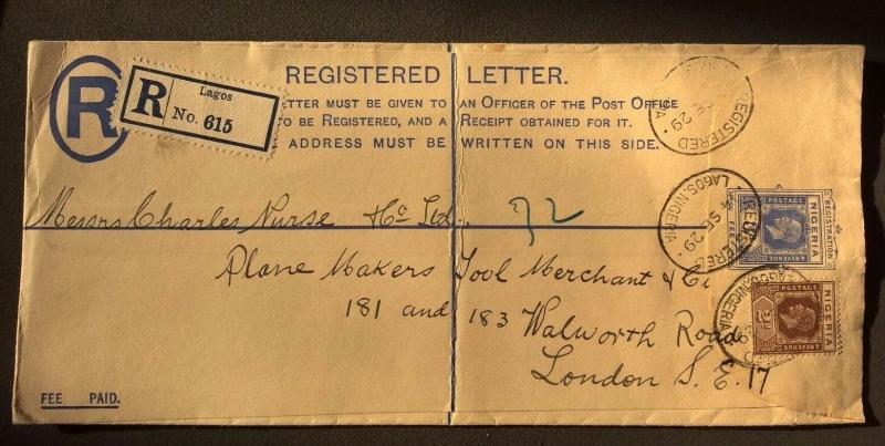 NIGERIA 1929 Registered Postal Stationery Cover Lagos to Plane Makers London