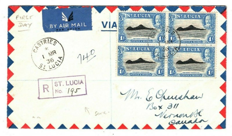 ST LUCIA 1936 FDC SG.121 KGV 1s *BLOCK OF FOUR* Registered First Day Cover MA560