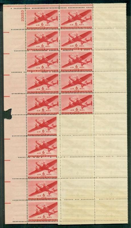 US #C25 6¢ Airmail part of sheet of 45 GUMMING ERROR only bottom row w/gum