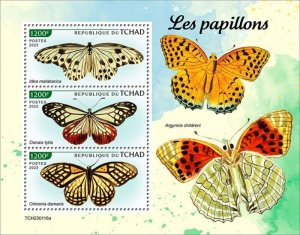 Chad - 2023 Butterflies, Tree Nymph, Tigerbrown - 3 Stamp Sheet - TCH230116a