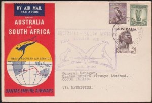 COCOS ISLAND 1952 Qantas flight cover to Mauritius - RAAF PO COCOS cds.....B4189