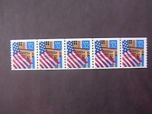 U.S.# 2913-MINT/NH-PLATE # COIL STRIP OF 5(P#45444)--FLAG & FRONT PORCH--1995