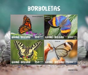 Guinea-Bissau Butterflies Stamps 2020 MNH Monarch Butterfly Fauna 4v M/S