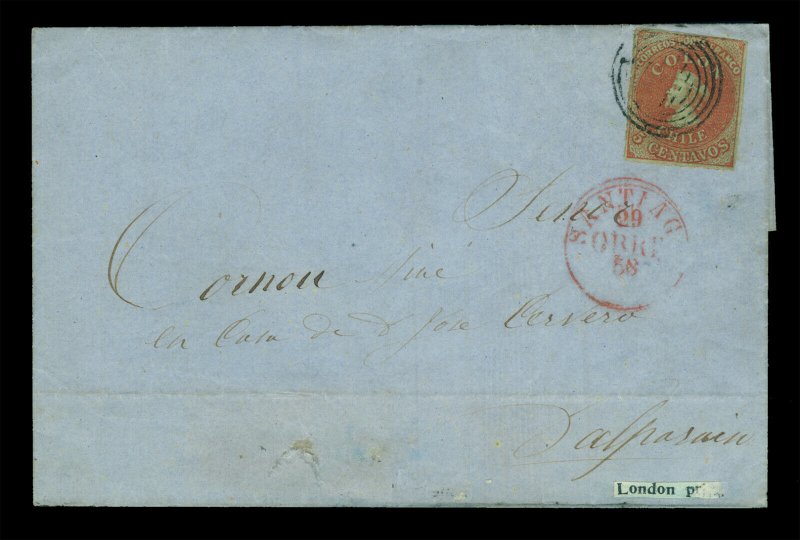 CHILE 1855 COLUMBUS - London print - 5c brown red Sc# 8 VF cvr Santiago to VALP. 