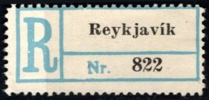 Vintage Iceland Registered Letter Etiquette Reykjavik Number 822 (Dated 1930&...