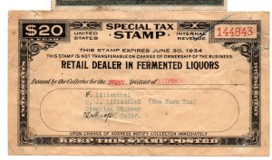 US $20 Special Tax Stamp 1934 Fermented Liquor Dealer