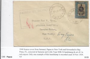 Samarai, Papua to New York 1940 fwd Bay Pines, FL Rare Samarai Censor (C5463)