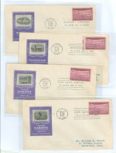 US 858 1939 3c four statehood anniversities, singles on four first day covers with official state capital cancels and matching I