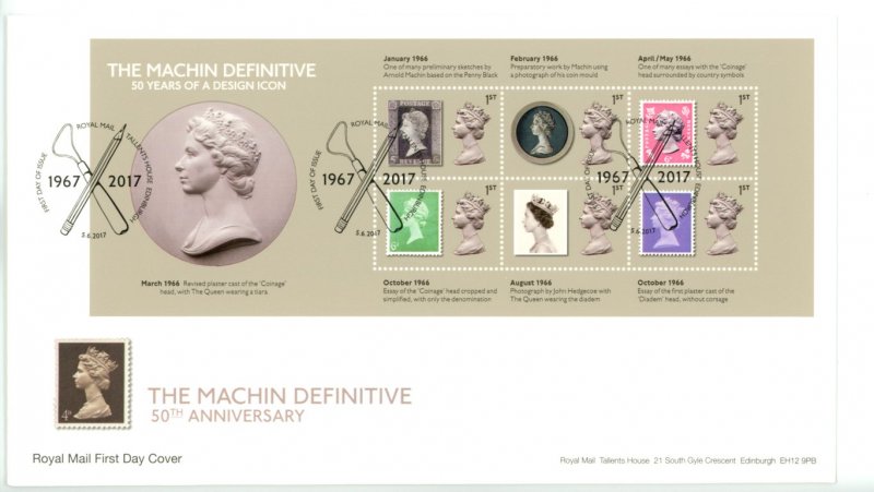 Great Britain 2017 FDC  Machin 50th Anniversary Souvenir Sheets (2)  Sc# MH468-9