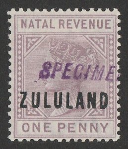 ZULULAND 1891 'ZULULAND' on QV Natal Revenue 1d Postal Fiscal, h/s SPECIMEN.