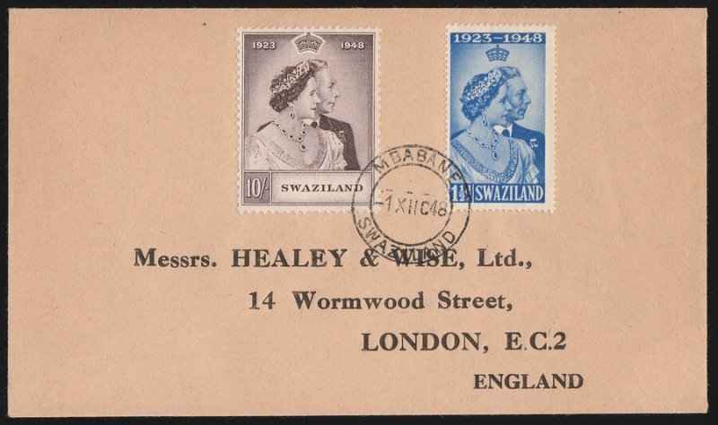 SWAZILAND : 1948 KGVI Silver Wedding set 1½d & 10/- FDC cover. To England. 