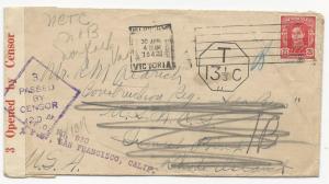 Australia Scott #194 on Cover Censored FWD Aux Markings (APO) April 30, 1942