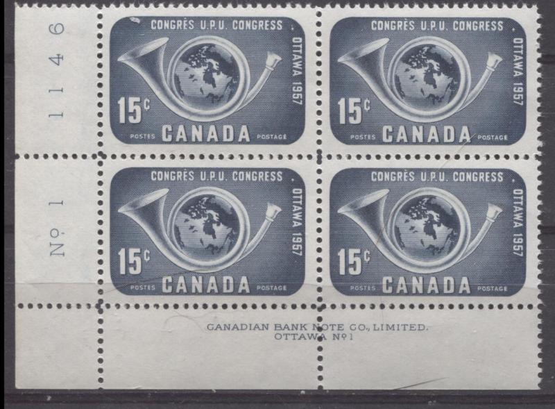 Canada #372 15c 1957 Dark Blue Posthorn And Globe  LL Plate Block VF 75/80 NH