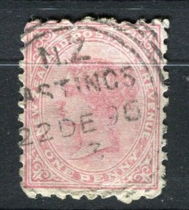 NEW ZEALAND; 1890s classic early QV Side Facer issue used 1d. fair Postmark