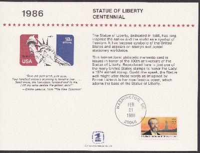 US SC110 Statue of Liberty Centennial Souvenir Card with show cancel