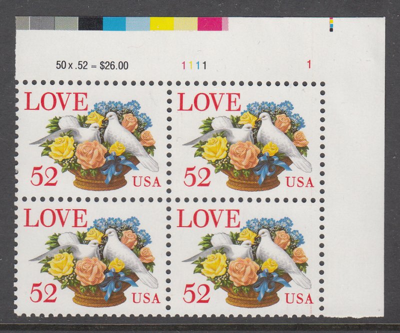 US 2815 Love Doves Plate Block MNH VF