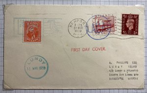 1939 Lundy Channel Island England Airmail First Day Cover FDC To Barnstaple